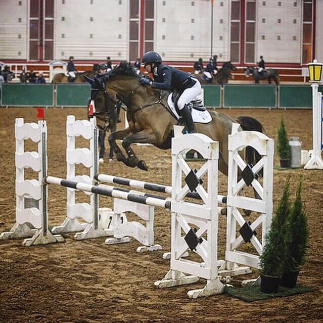 Rider clearing a white show jump on a bay horse in an indoor arena
