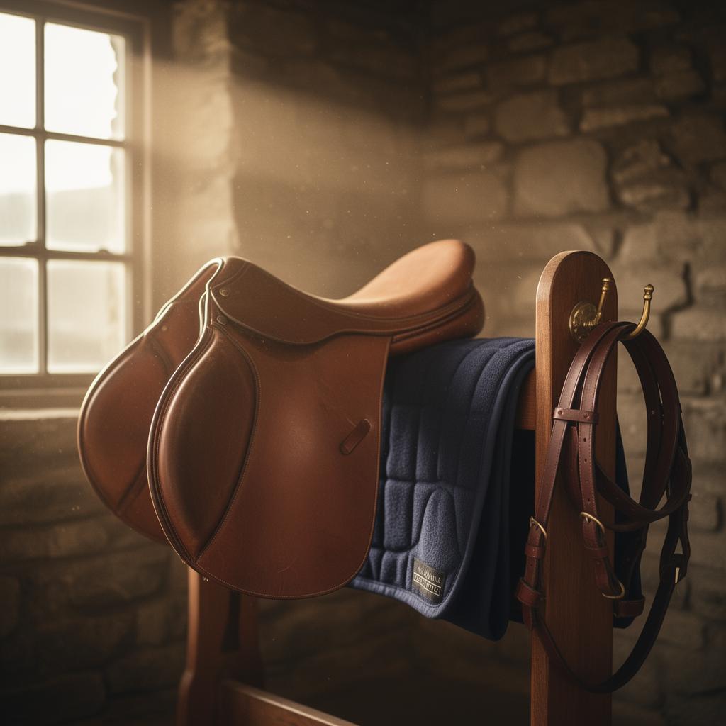 A leather English saddle resting on a wooden rack in Lucy's tack room at golden hour